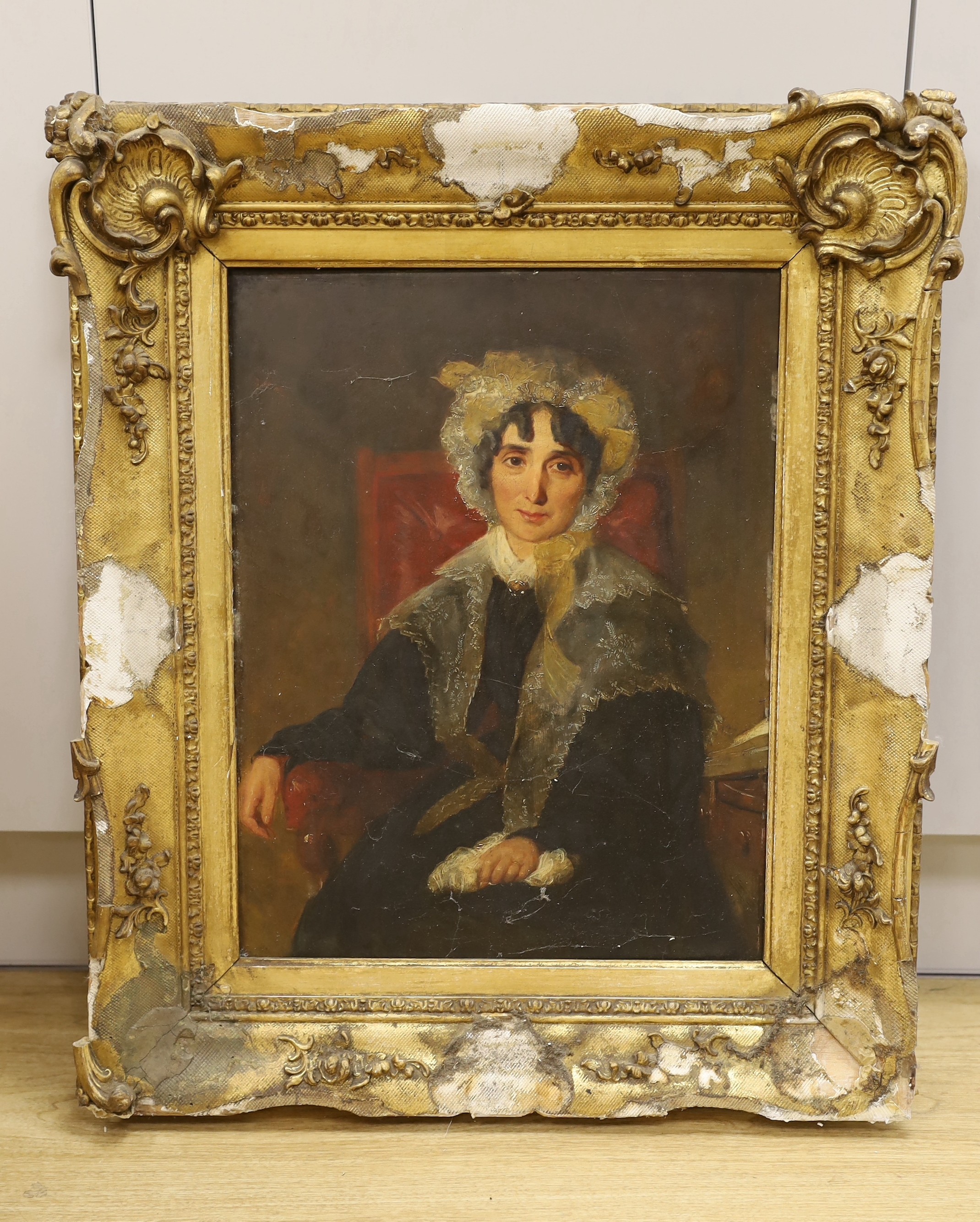 Attributed to John Prescott Knight, RA, B(1803-1881), oil on board, Portrait of Sarah, daughter of Francis Light (founder of Penang) and wife of General James Welsh (1779-1839), label verso, 45 x 34cm